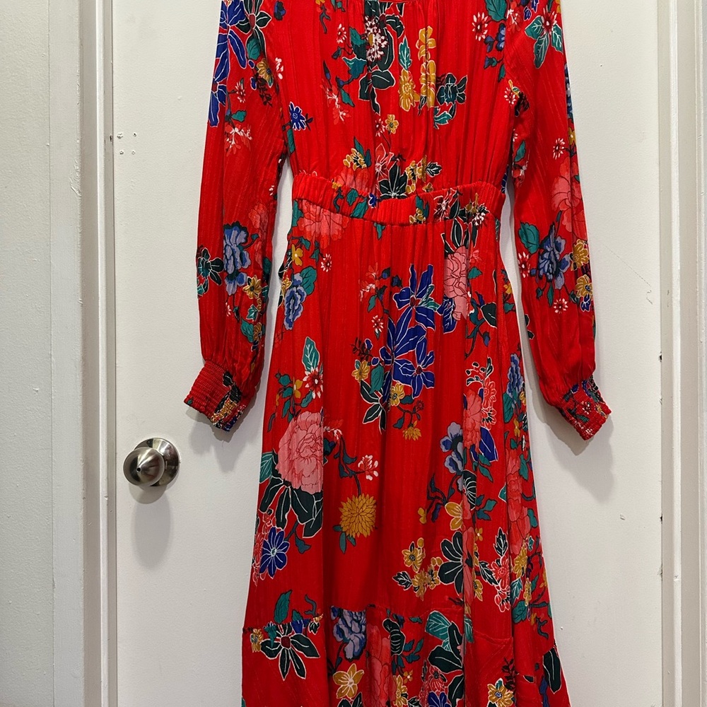 Anthropologie Boswell Textured Wrap Red Floral Long Sleeve Dress Sz 4 - Picture 8 of 10